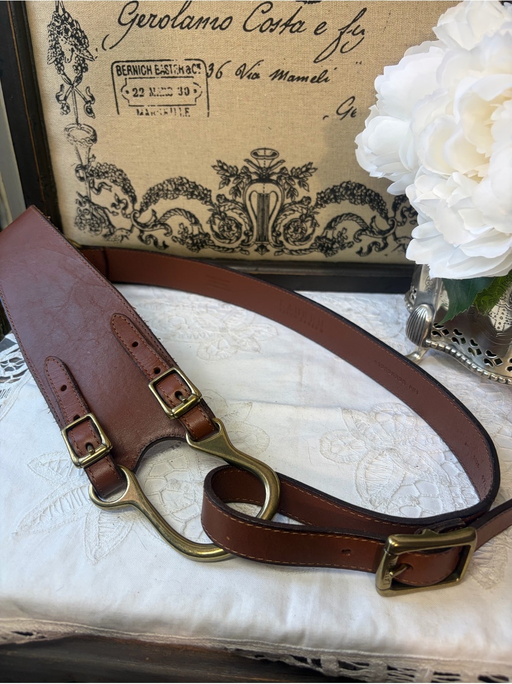Ralph Lauren equestrian brown, leather gold buckle belt L - Picture 1 of 12